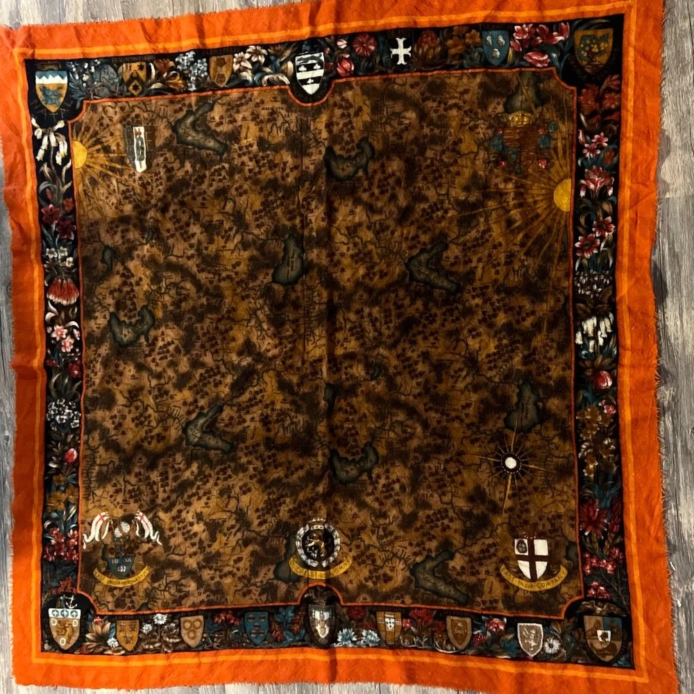 Linda Allard For Ellen Tracy Wool Scarf Rust/Brown/Orange Map Like Design 47x47